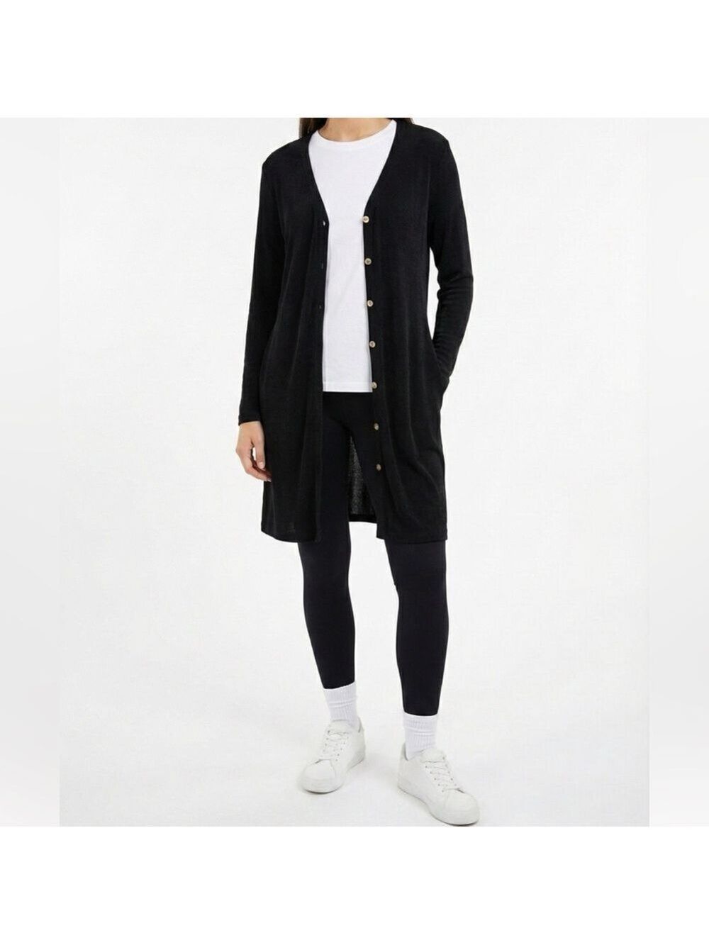MARALLIS COLLECTION Jersey Knit Black Long Line Button Front Cardigan US Sz L